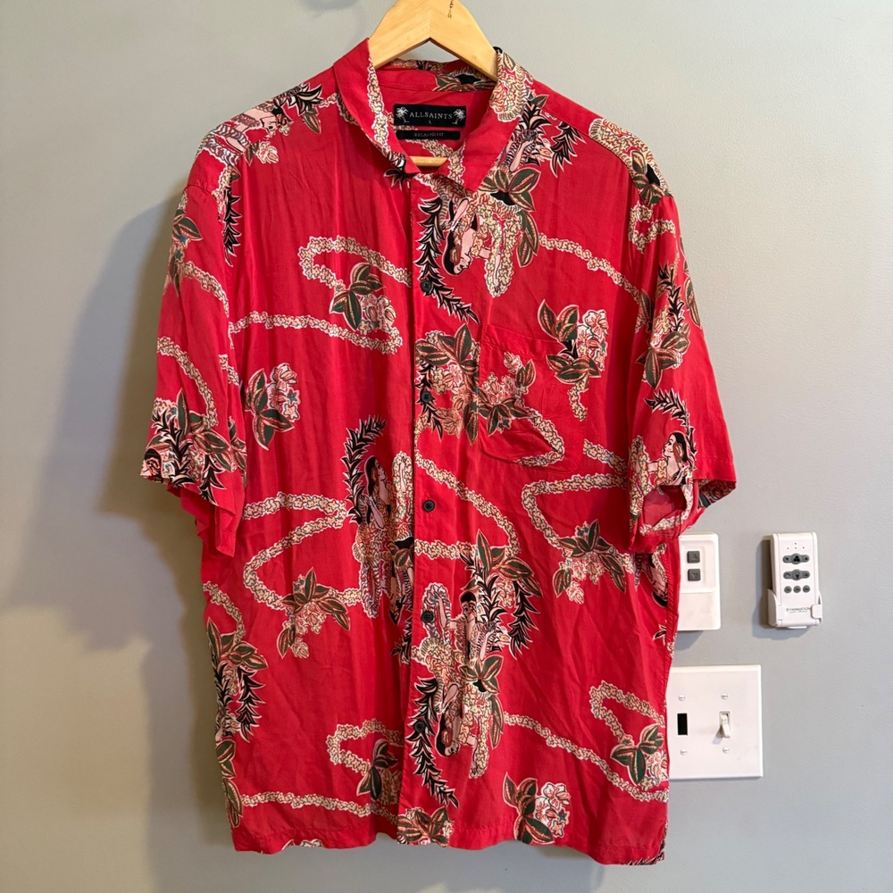 AllSaints Button Down Mens Large Red Hula Girl Graphic Relaxed Fit Shirt 4584